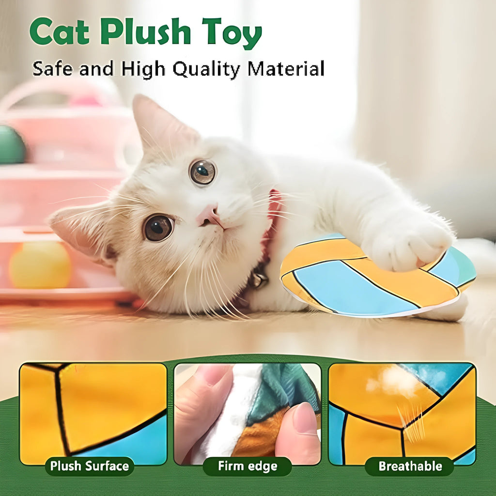 Blue basketball pattern plush cat toy disc with catnip and crinkle sound inside.