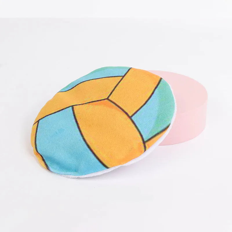Blue basketball pattern plush cat toy disc with catnip and crinkle sound inside.