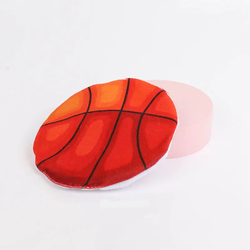 Blue basketball pattern plush cat toy disc with catnip and crinkle sound inside.