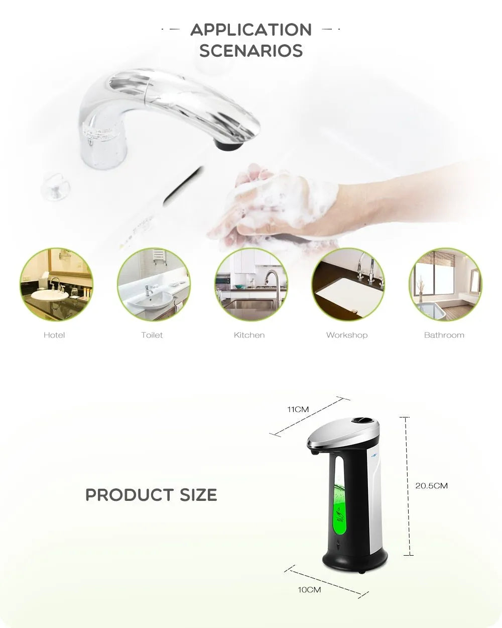 Black automatic liquid soap dispenser with infrared sensor and 400ml capacity