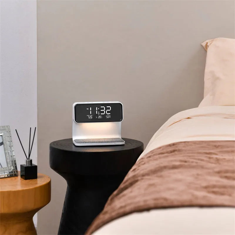 White 3-in-1 bedside lamp with wireless charging pad, LCD screen clock, and touch dimming.