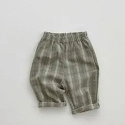 Cotton baby plaid trousers in mid waist Korean style, available in orange, grey, green, and plaid patterns