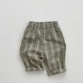 Cotton baby plaid trousers in mid waist Korean style, available in orange, grey, green, and plaid patterns