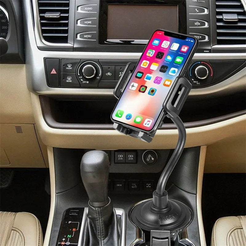 Black universal car-mount phone bracket showing adjustable padded wings and a 360-degree rotating head.