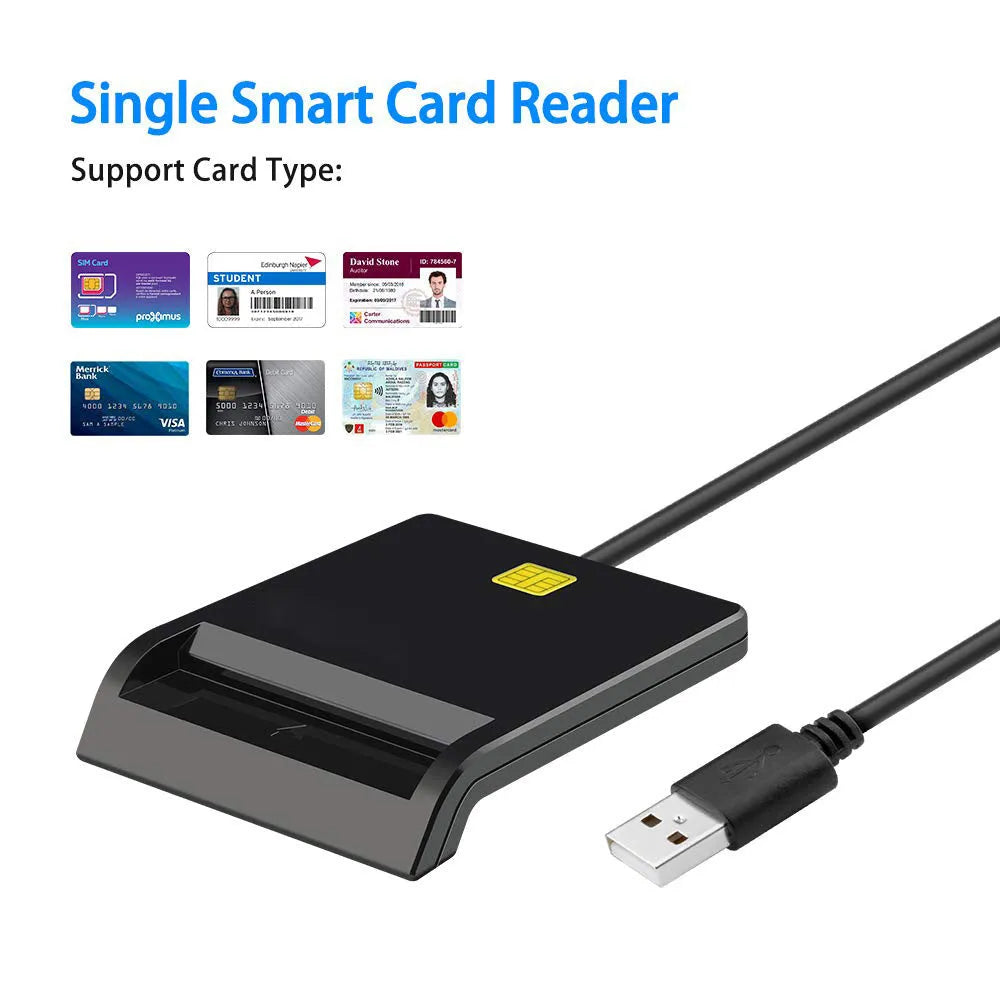 DM-HC65 USB smart card reader in black plastic casing, connected via USB cable