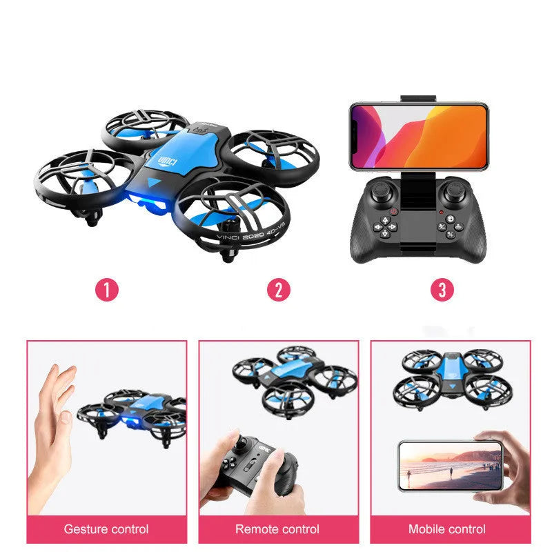 Blue and orange V8 mini RC drone quadcopter with propellers, showing remote control and storage bag.