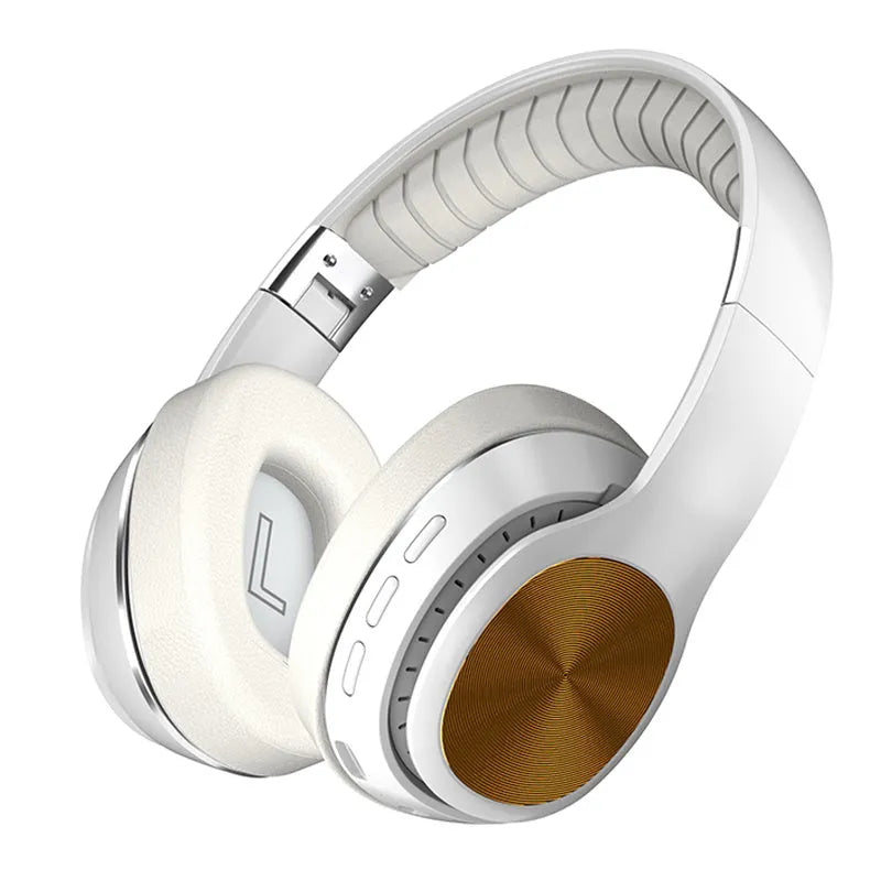 Wireless folding Bluetooth 5.0 headset with 10 metre range, stereo sound, and colour options.