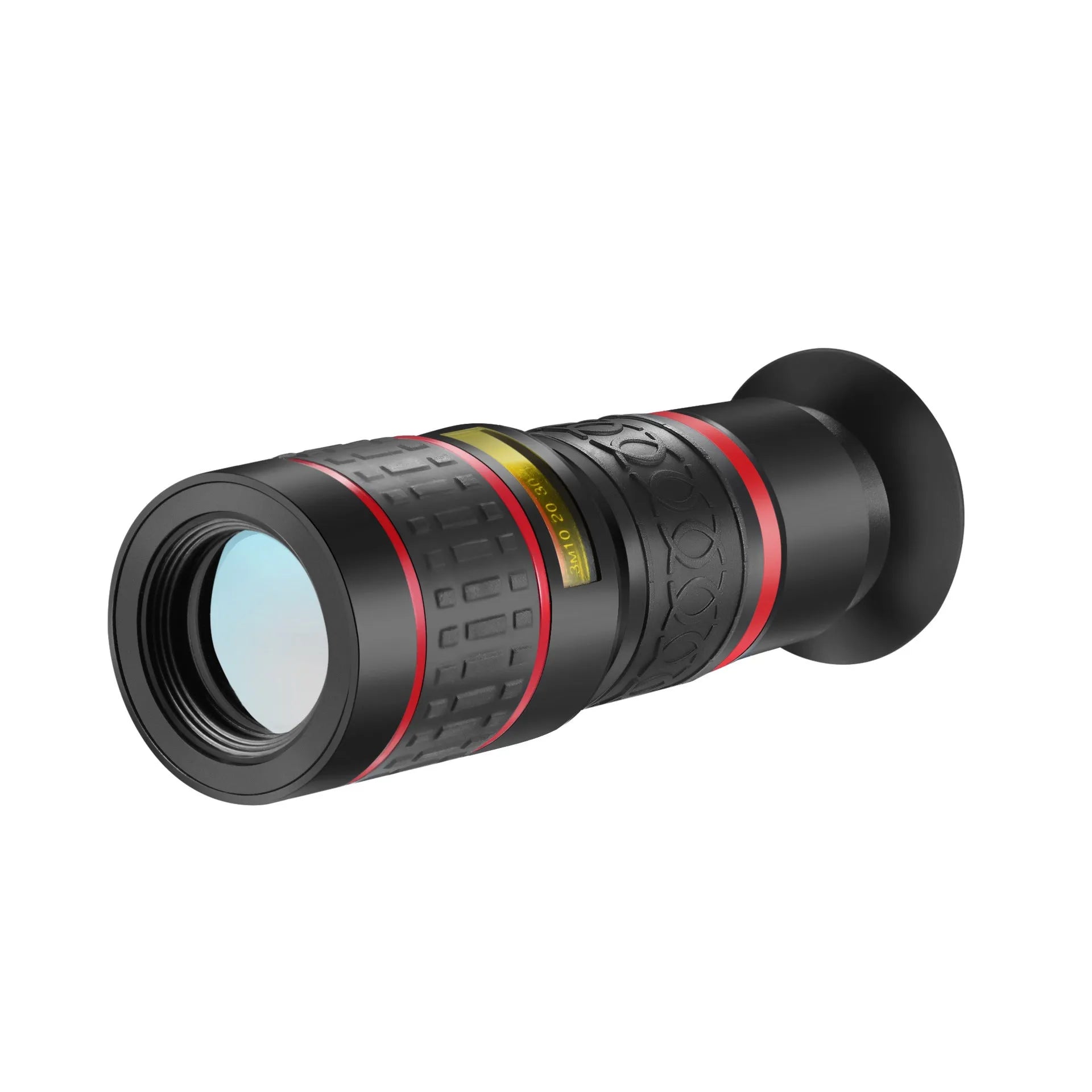 20x magnification cell phone telescope lens with universal clip and single eye mask on a smartphone.