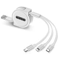 Telescopic 3-in-1 charging cable extended to 120cm with micro-USB, Lightning, and USB-C connectors