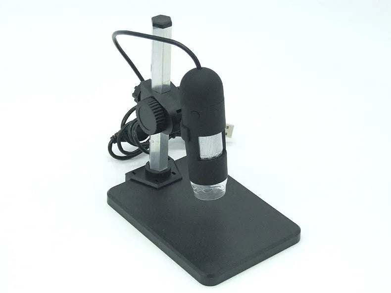 Black USB microscope camera with 8 LED lights, 1000X magnification, focus range 0-40mm
