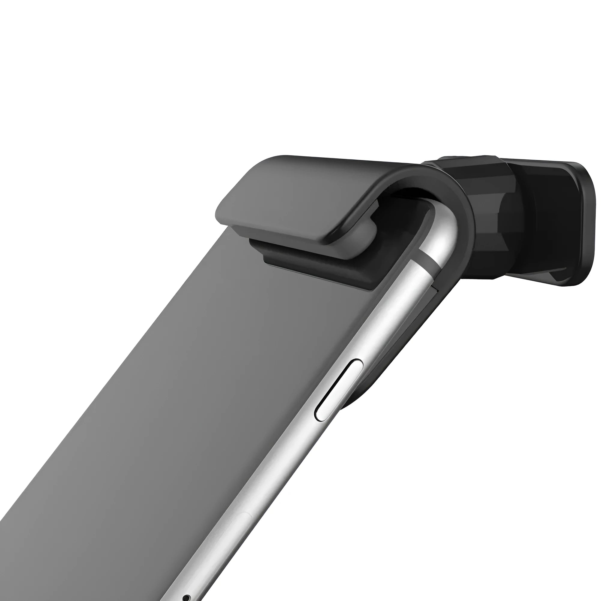 Black universal car phone holder with 360-degree rotating head on a car dashboard