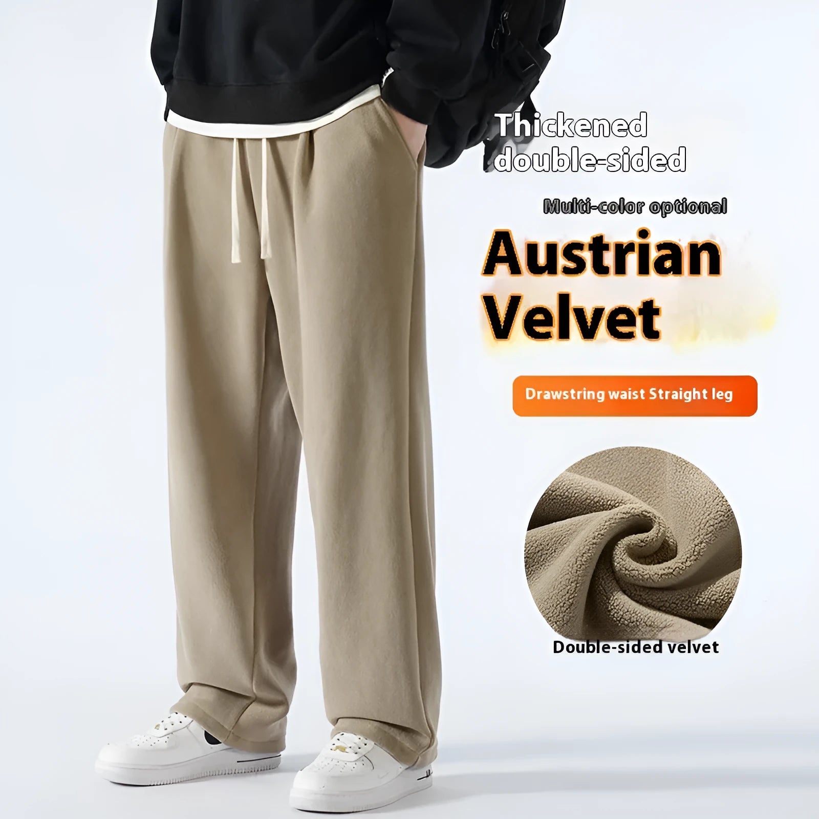 Men's apricot coloured loose-fit polar fleece-lined casual winter trousers on a white background.