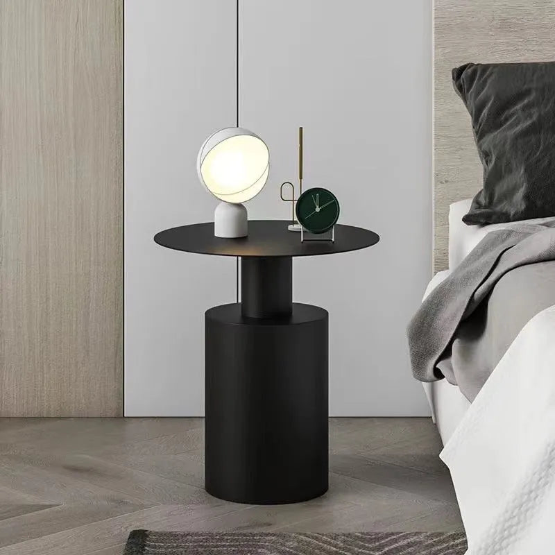 Round Nordic style metal bedside table in beige, frosted white, or frosted black for bedroom use