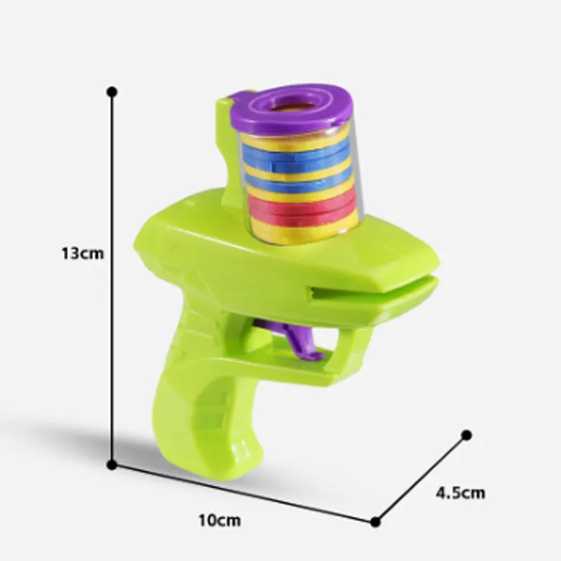 Interactive cat toy launcher with foam discs in green or purple durable plastic