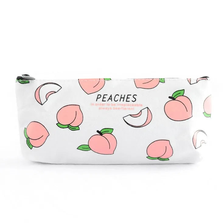 Rectangular canvas pen pouch 20x8.5cm with zip closure in Grid, White Peaches, black, or white