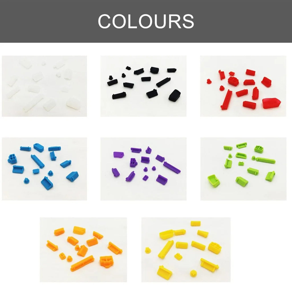13 piece silicone laptop dust plug set including VGA, USB, HDMI, audio, RJ45, SD, and 1394 plugs in assorted colours