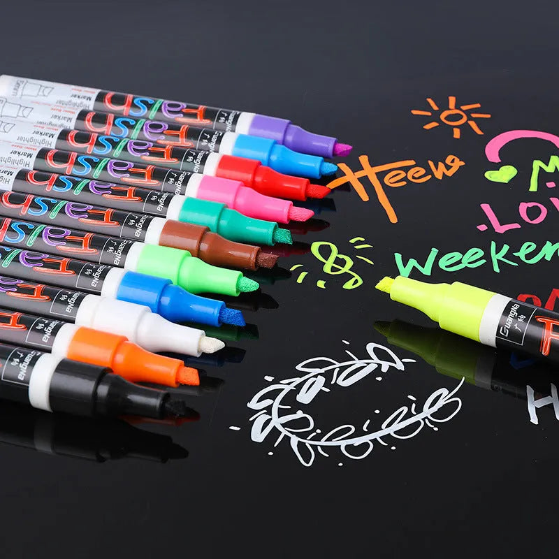 Plastic electronic fluorescent plate highlighter pen with oblique 6mm tip, shown in multi-colour sets for dry-wipe boards.