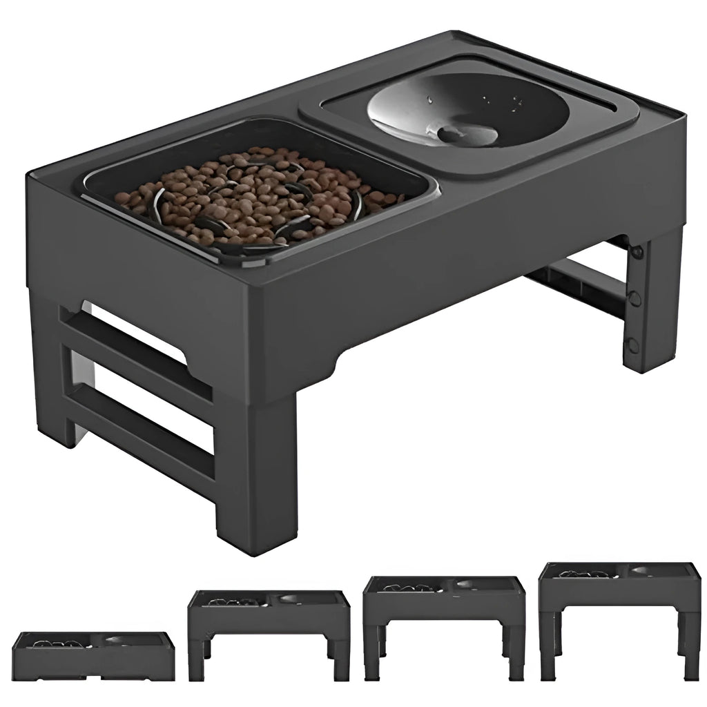 Adjustable height elevated dog bowl stand with slow feeder and water bowl in black or grey colours