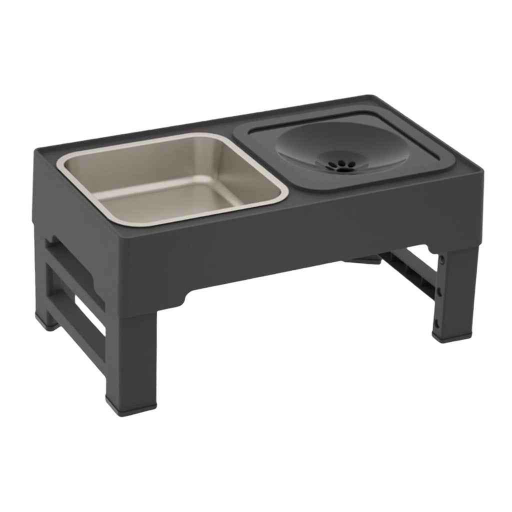 Adjustable height elevated dog bowl stand with slow feeder and water bowl in black or grey colours