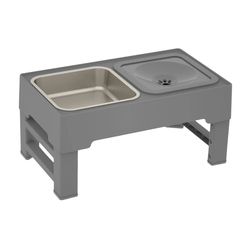 Adjustable height elevated dog bowl stand with slow feeder and water bowl in black or grey colours