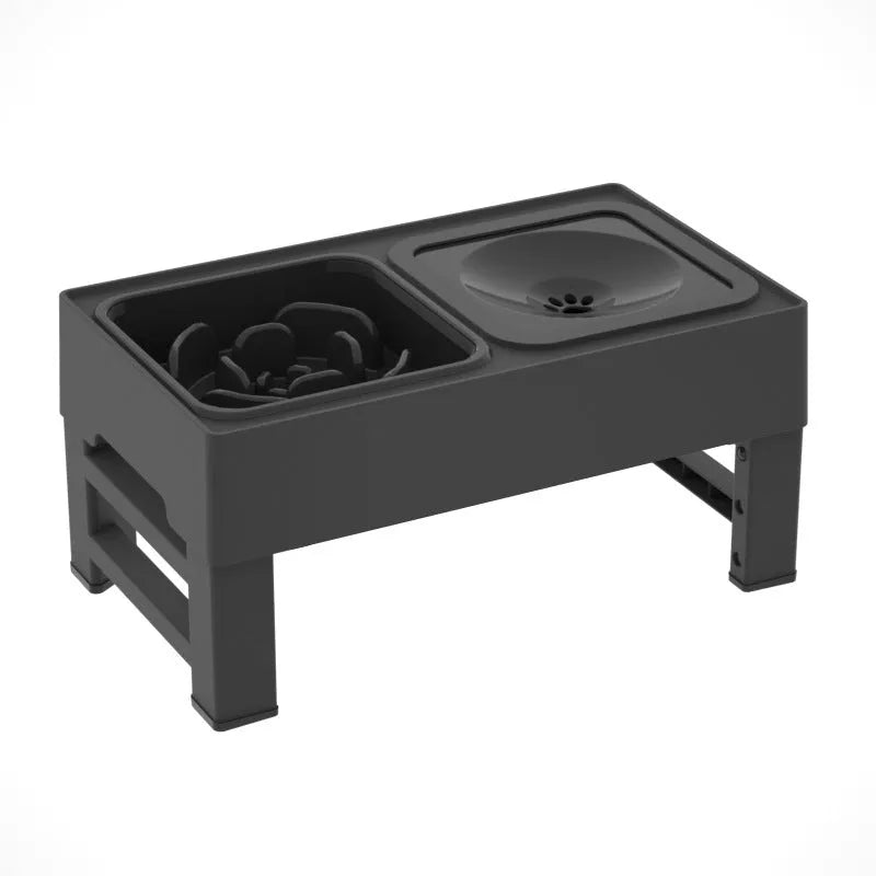 Adjustable height elevated dog bowl stand with slow feeder and water bowl in black or grey colours