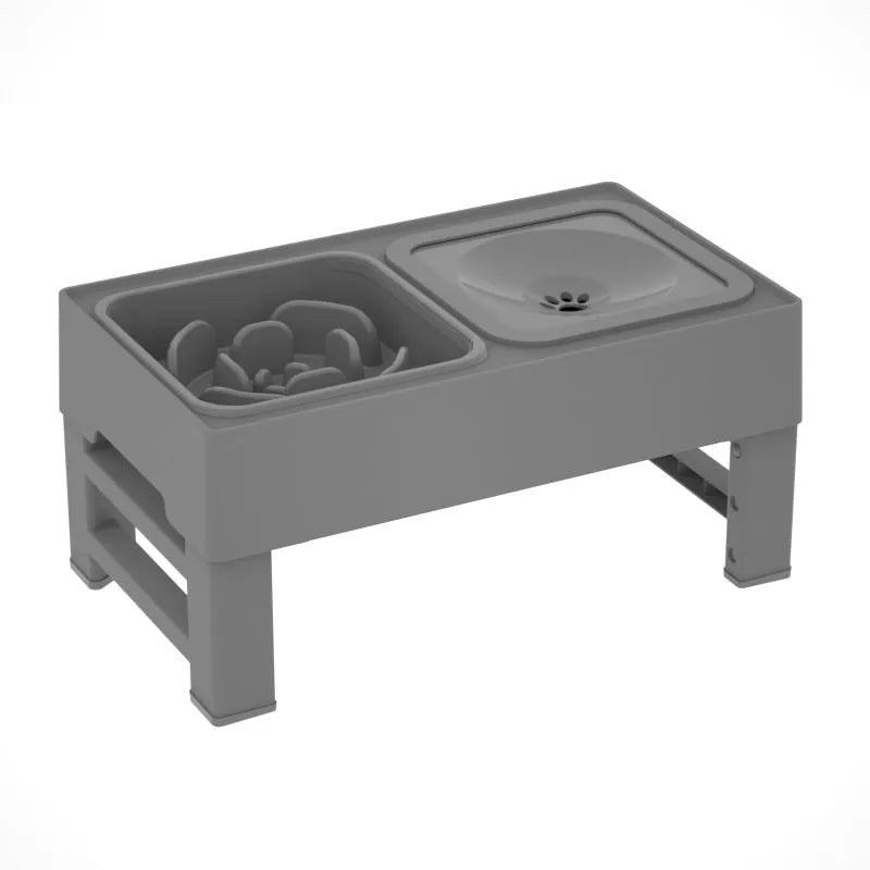 Adjustable height elevated dog bowl stand with slow feeder and water bowl in black or grey colours