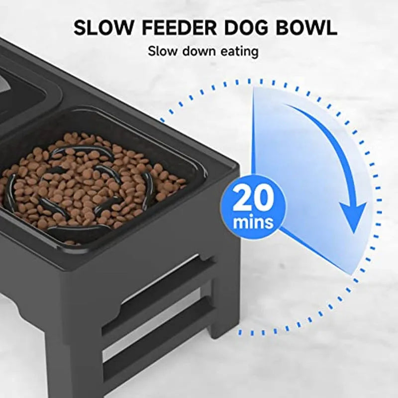 Adjustable height elevated dog bowl stand with slow feeder and water bowl in black or grey colours