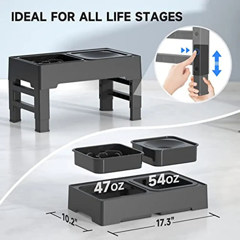 Adjustable height elevated dog bowl stand with slow feeder and water bowl in black or grey colours