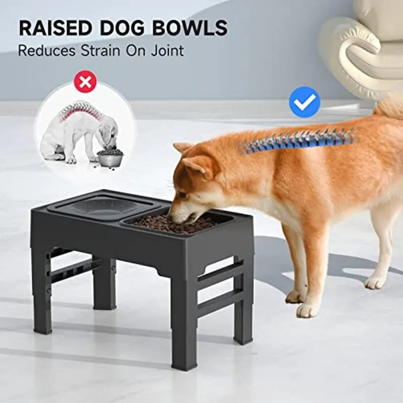 Adjustable height elevated dog bowl stand with slow feeder and water bowl in black or grey colours