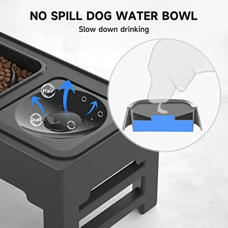 Adjustable height elevated dog bowl stand with slow feeder and water bowl in black or grey colours