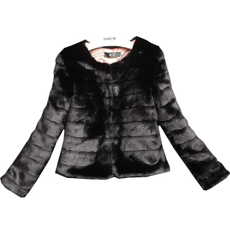Women's short sleeve faux fur top in beige, shown on a model.