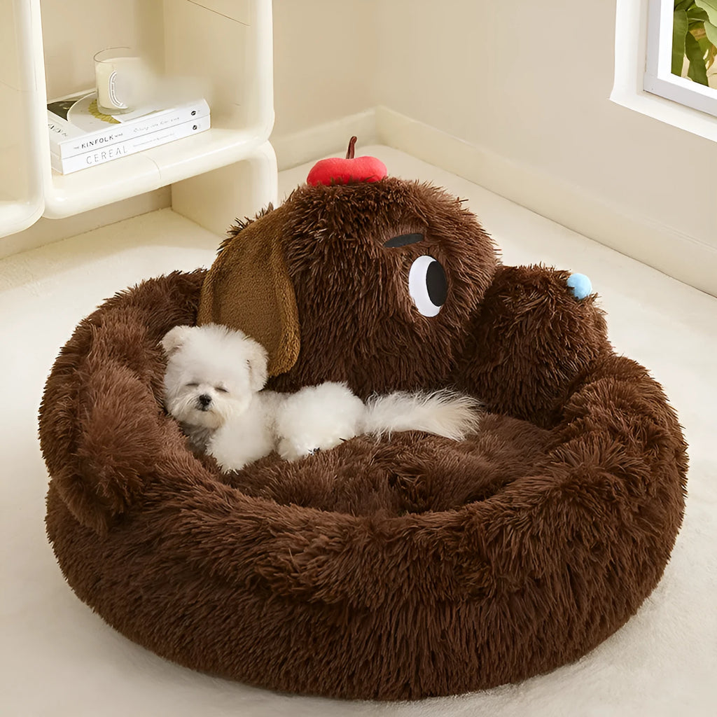 A plush, basket-style sofa bed for small dogs and cats, shown in medium and large sizes.