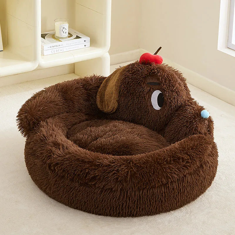 A plush, basket-style sofa bed for small dogs and cats, shown in medium and large sizes.