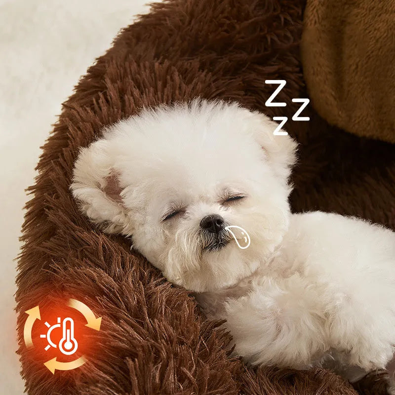 A plush, basket-style sofa bed for small dogs and cats, shown in medium and large sizes.