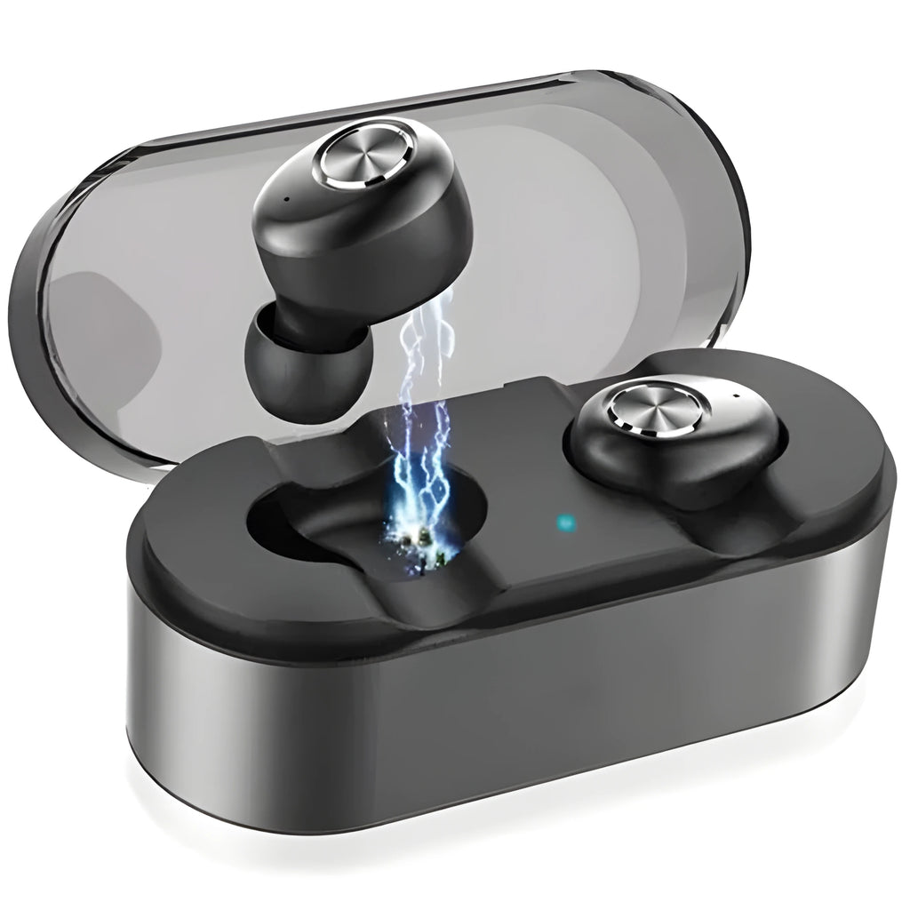 A black wireless Bluetooth single-ear headset for hands-free mobile phone calls.