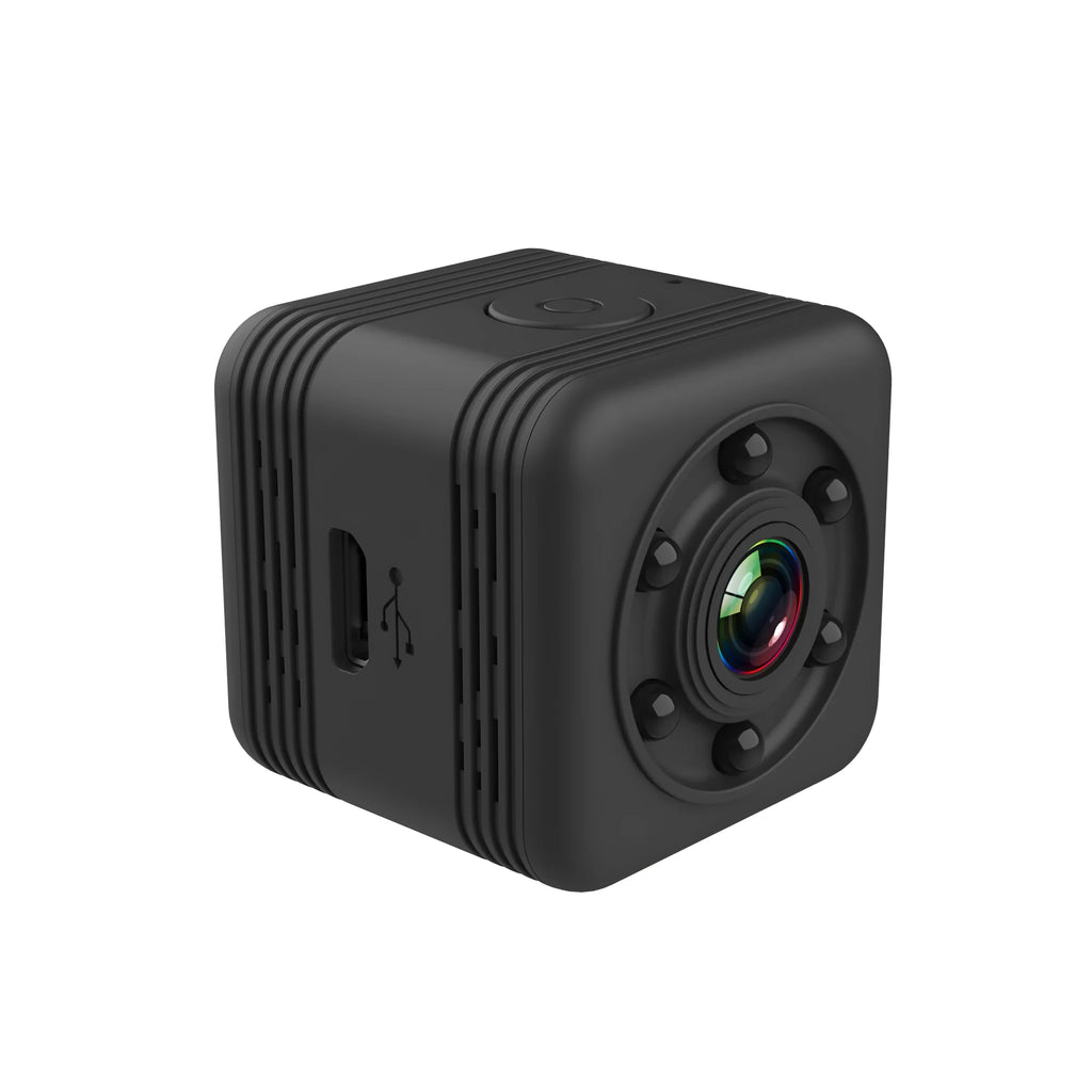 SQ29 black waterproof sports camera showing compact square design with MicroUSB port