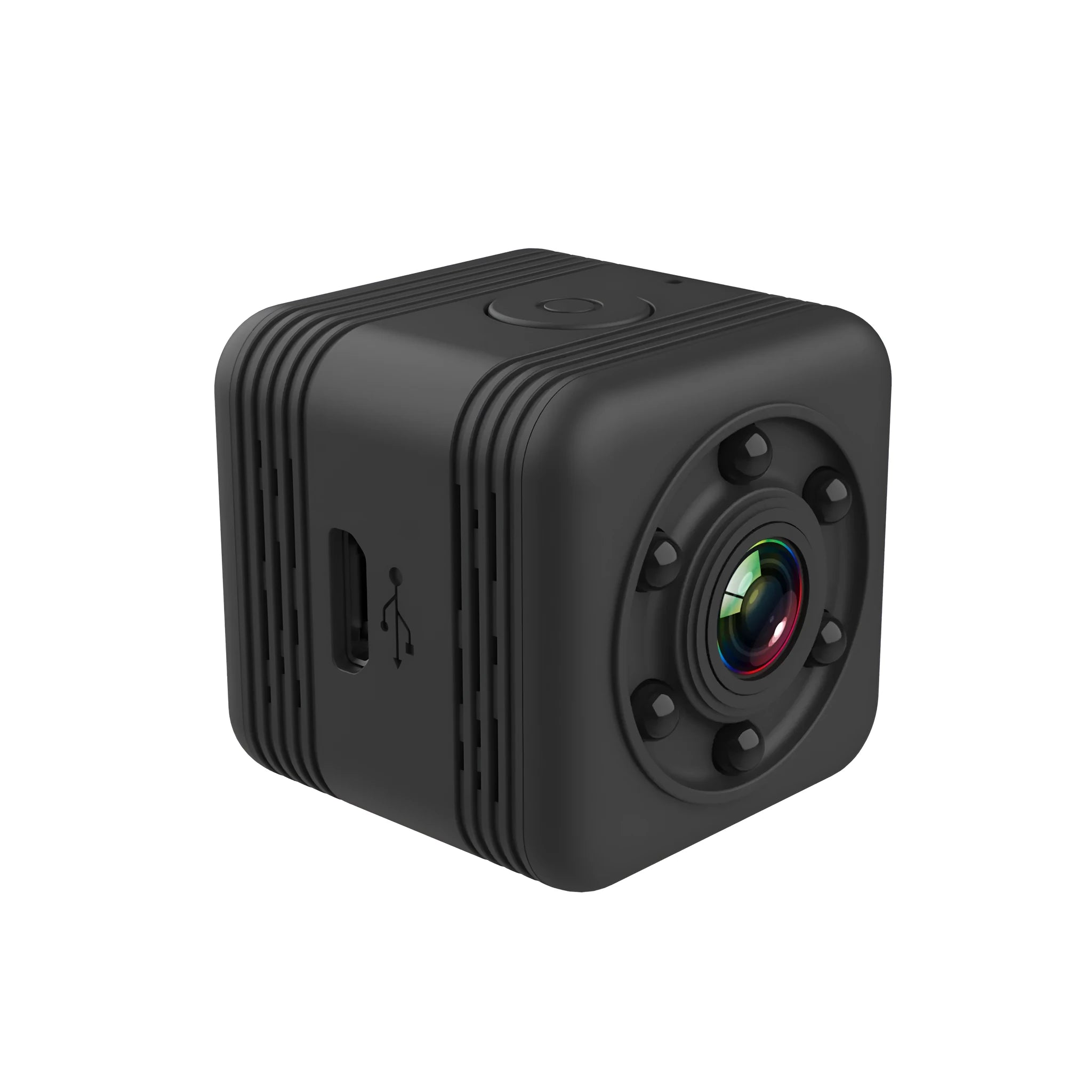 SQ29 black waterproof sports camera showing compact square design with MicroUSB port