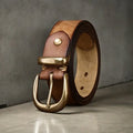 Men's casual leather belt with brass buckle in black brown khaki colours showing adjustable length 95-125cm
