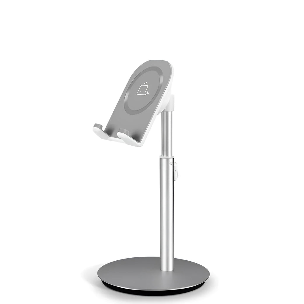 Silver metal desktop phone and tablet holder model S1 on a desk, showing a device held upright.
