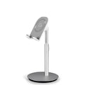 Silver metal desktop phone and tablet holder model S1 on a desk, showing a device held upright.