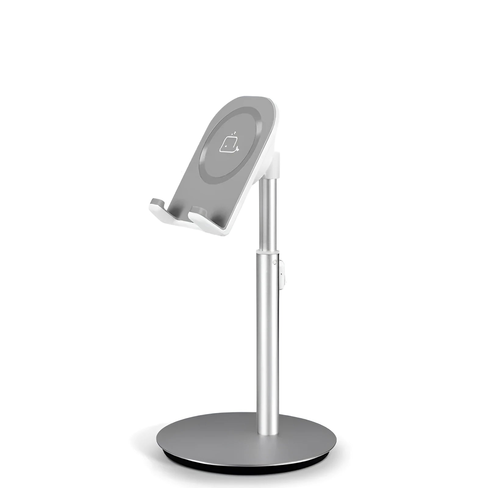 Silver metal desktop phone and tablet holder model S1 on a desk, showing a device held upright.