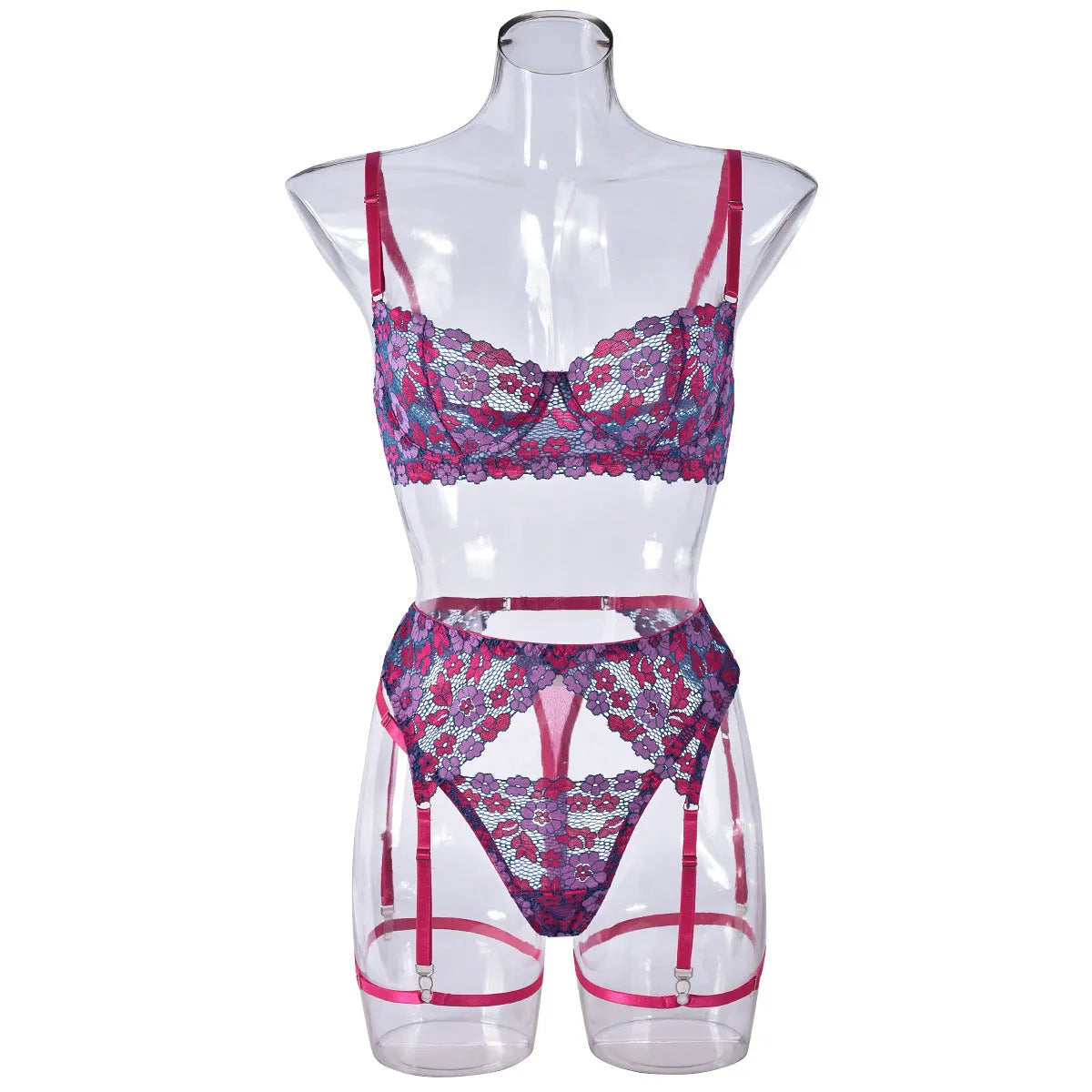 Rose red women's embroidered bikini swimsuit set on a white background.