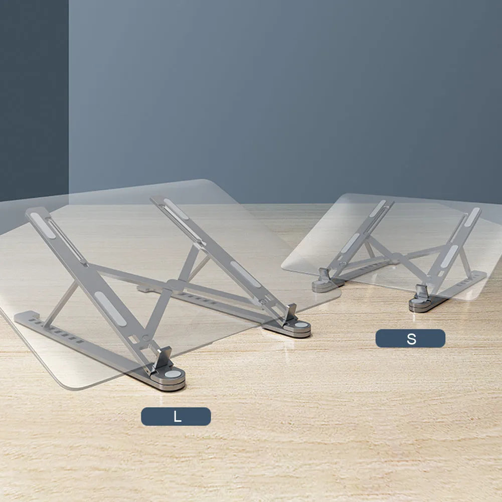 Foldable aluminium laptop stand in silver colour, shown adjusted to a height with a laptop on it