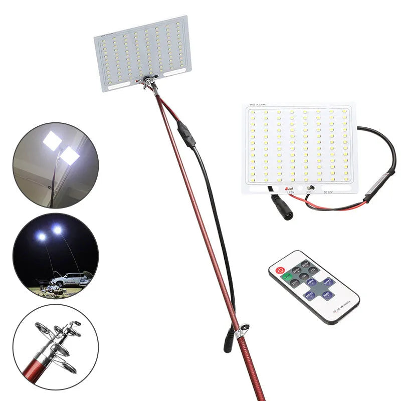 LED fishing rod light with telescopic pole extended, showing white LED array and remote control