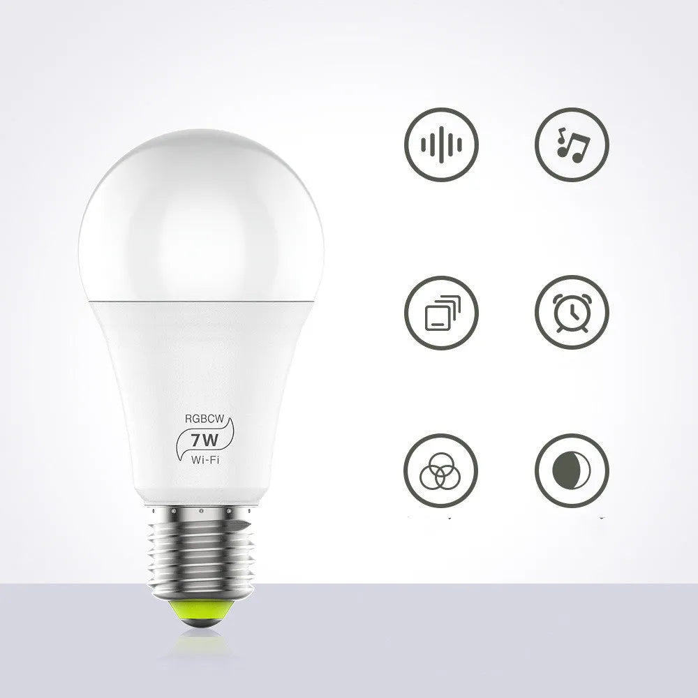 A white smart WiFi LED light bulb with a standard E27 screw base, shown with colourful light effects.