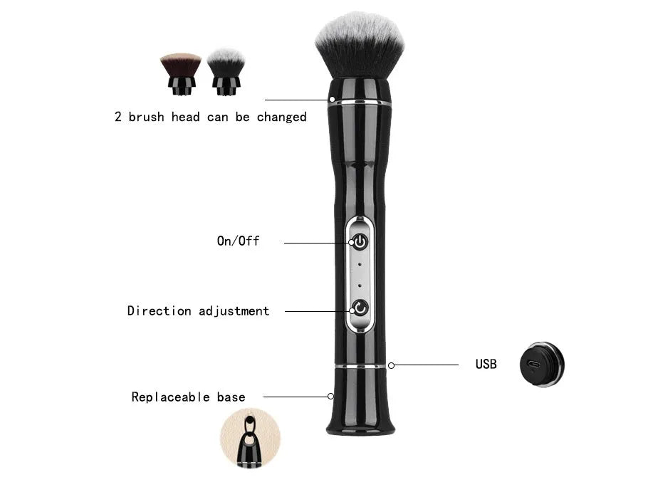 Electric makeup brush with foundation head and blush head, black, on a white background