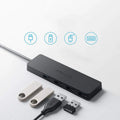 Black Anker 4-port USB 3.0 hub with short attached cable on a desk.