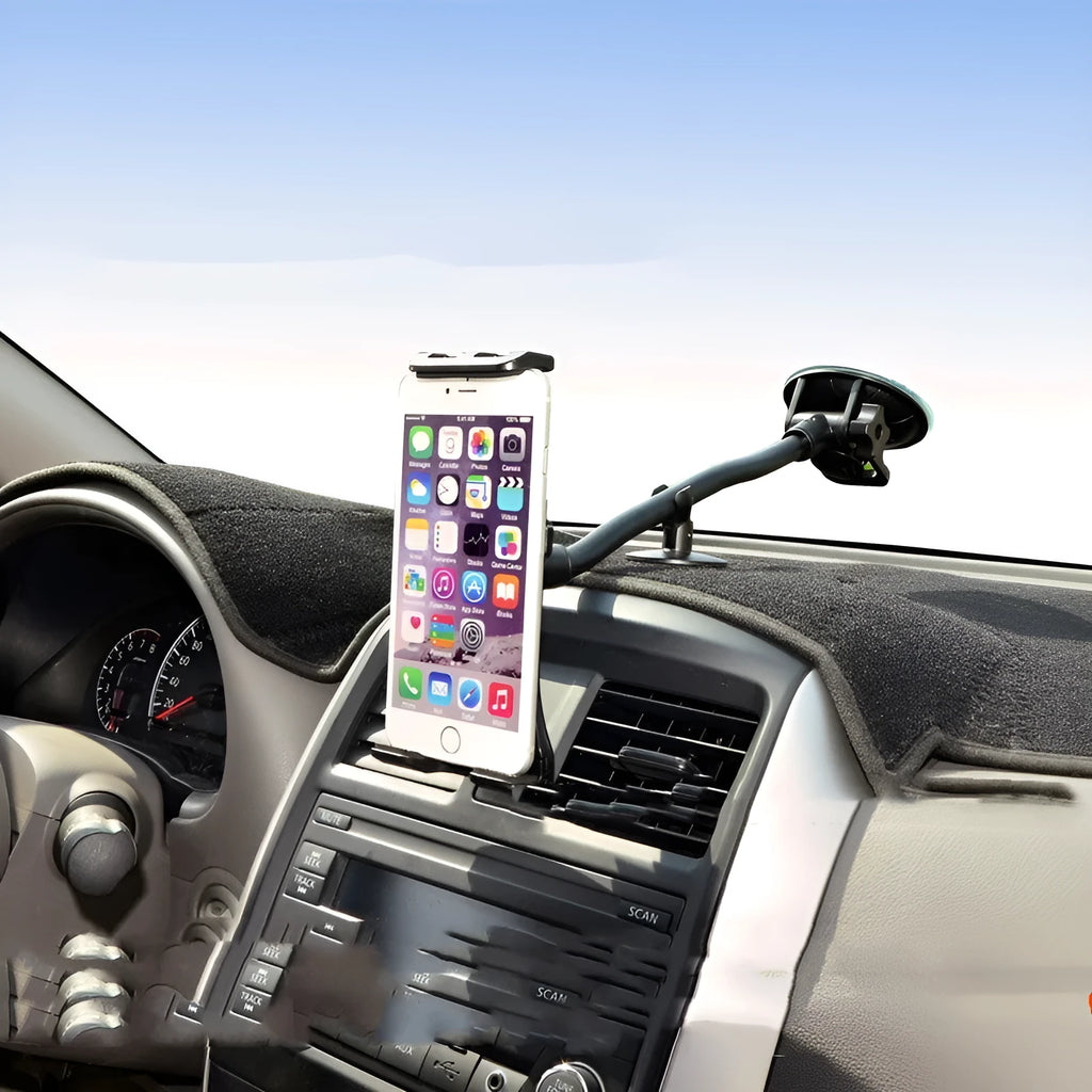 Black vehicle-mounted lifting-type tablet bracket with long-rod suction cup for 4-12 inch devices.