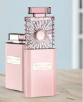 Pink portable perfume fan with USB charging port and integrated rechargeable battery