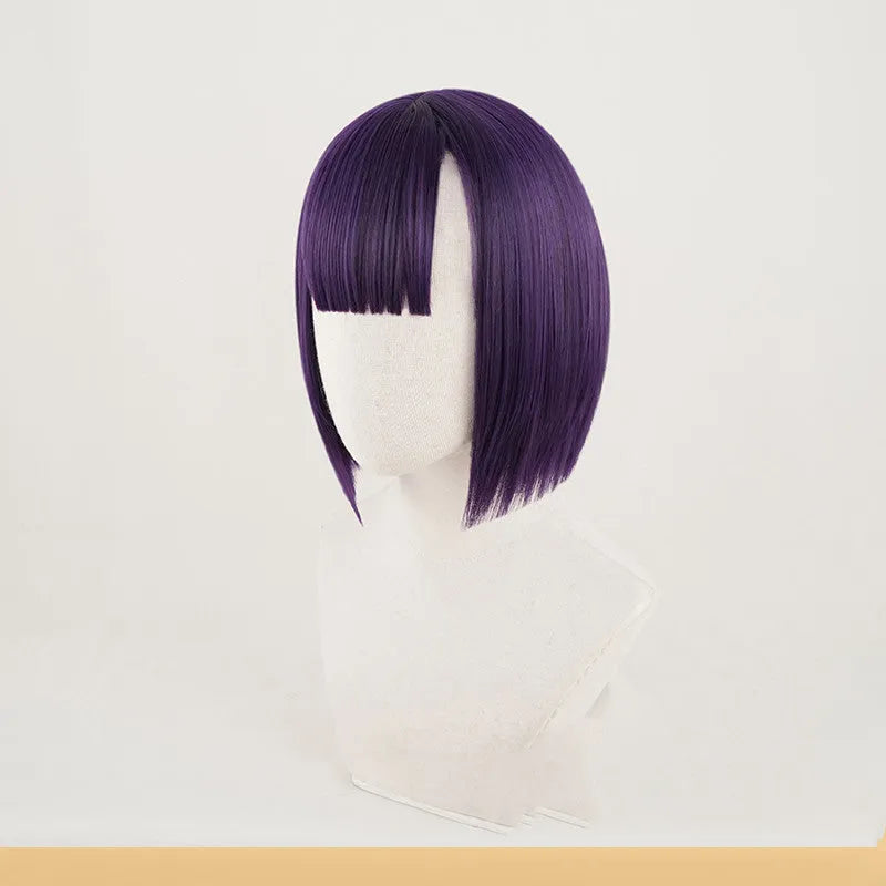 Short purple cosplay wig on mannequin head with high temperature silk fibre and rose net inner cap